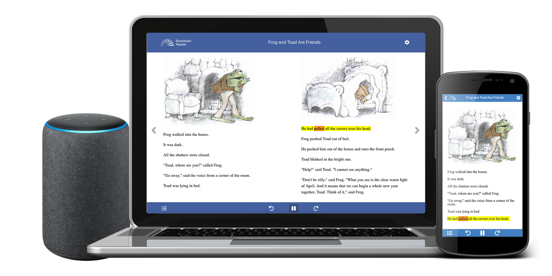 Bookshare Reader app suite on laptop, mobile phone, and Alexa smart speaker.