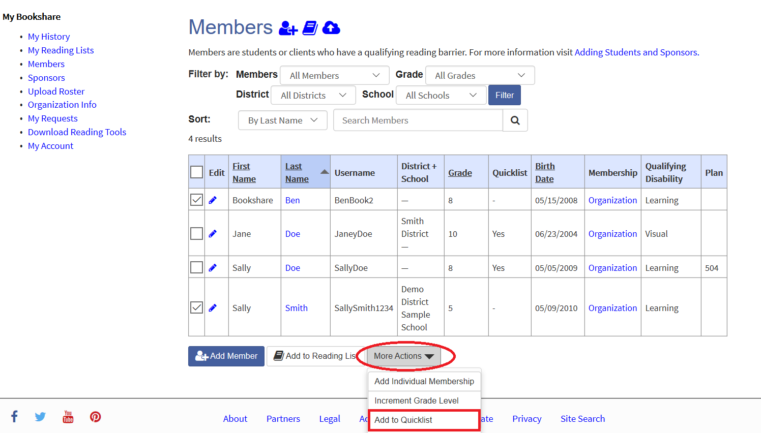 Screenshot of member roster with add to quicklist option circled.