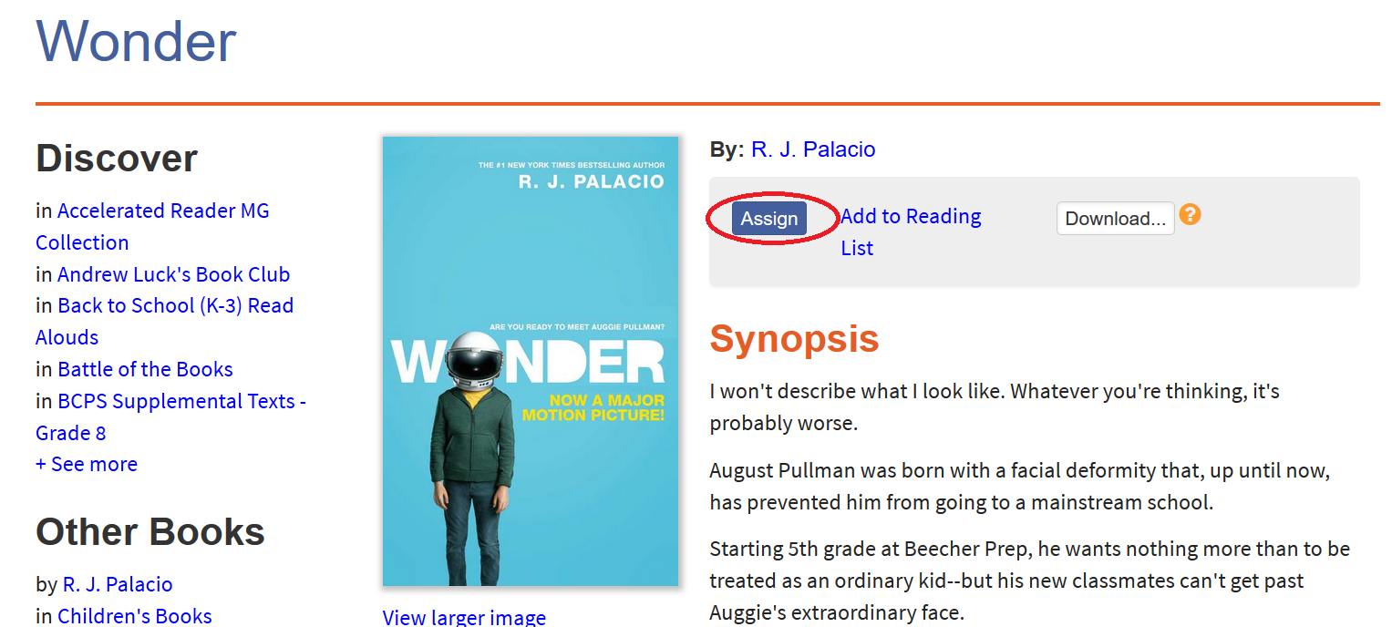 Screenshot of book detail page with the Assign button circled