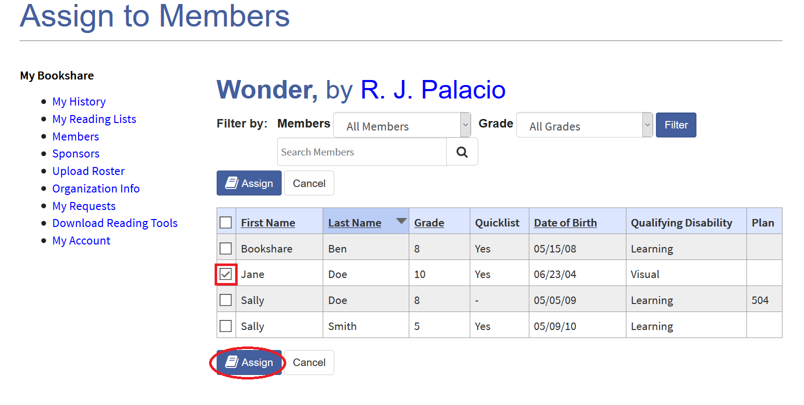 Screenshot of member roster