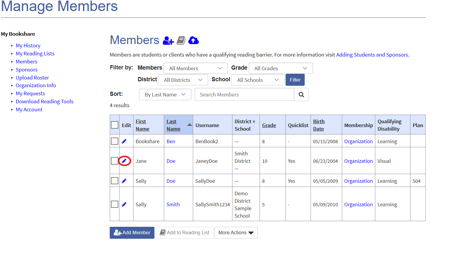 Screenshot of member roster with edit icon circled.