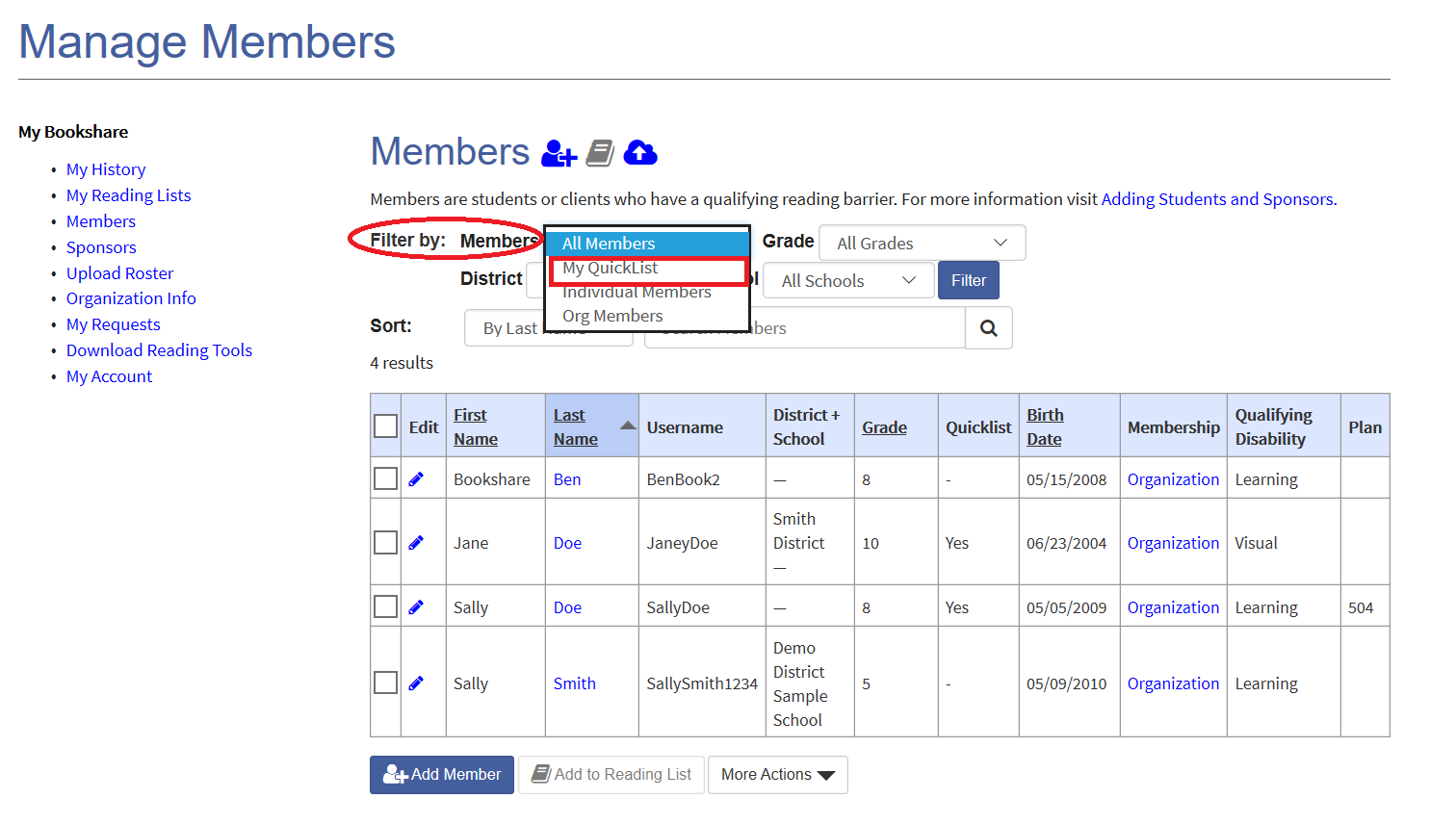 Screenshot of member roster with option to filter by quicklist members circled