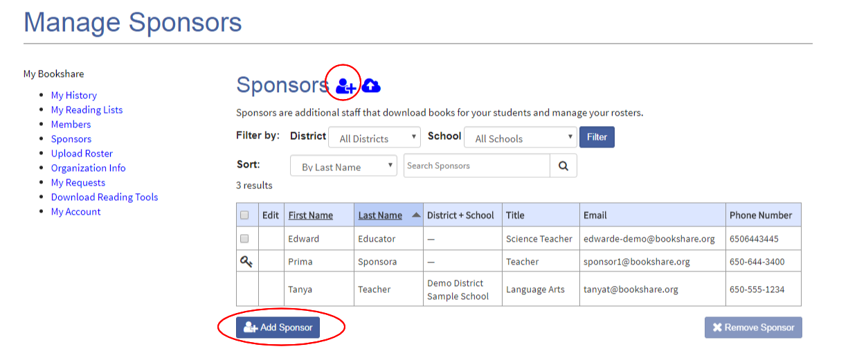 Screnshot of the Sponsors Page with the add sponsor button circled.