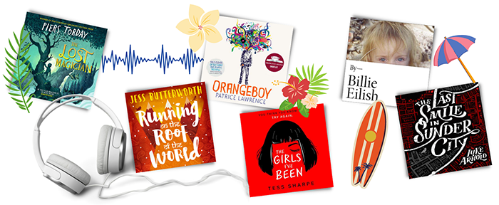 Collage of audiobook covers, image of headphones and summer-related icons.