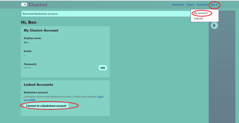 Screenshot of Clusive tool showing how to link a Bookshare Account