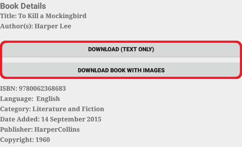 Book details with highlighted download buttons.
