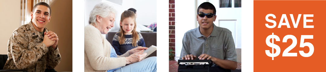 3 images of people reading from a variety of devices and a box that reads save 25 dollars