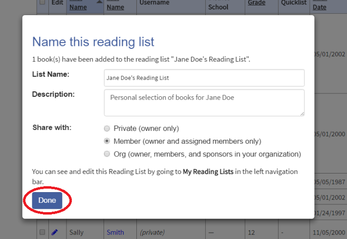 Screenshot of Reading List pop up box 