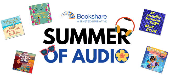 Summer of Audio. Bookshare logo. Icons of audiobooks.