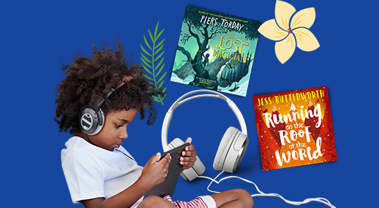 Elementary boy using tablet and headphones. Summer icons. Audiobook covers.