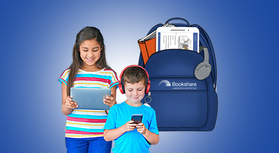Back to school backpack with Bookshare tablet and headphones. Two middle grade students using devices.