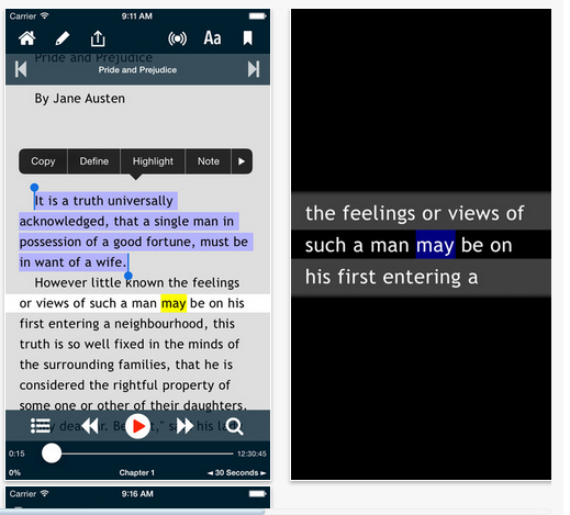 Screenshot of the word- and sentence-level highlighting on the Voice Dream Reader app