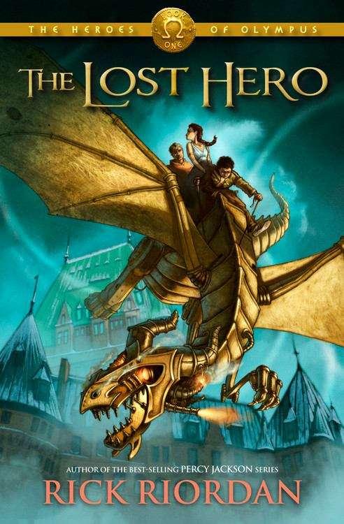 Collection sample book cover The Lost Hero, three friends riding an armored dragon