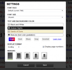 Web Reader settings window, that now includes BeeLine as a visual option and allows the user to select one of several color schemes