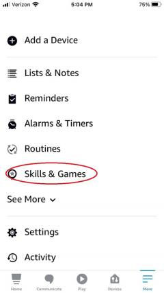 Screenshot of the Alexa App menu showing where to add new Skills and Games