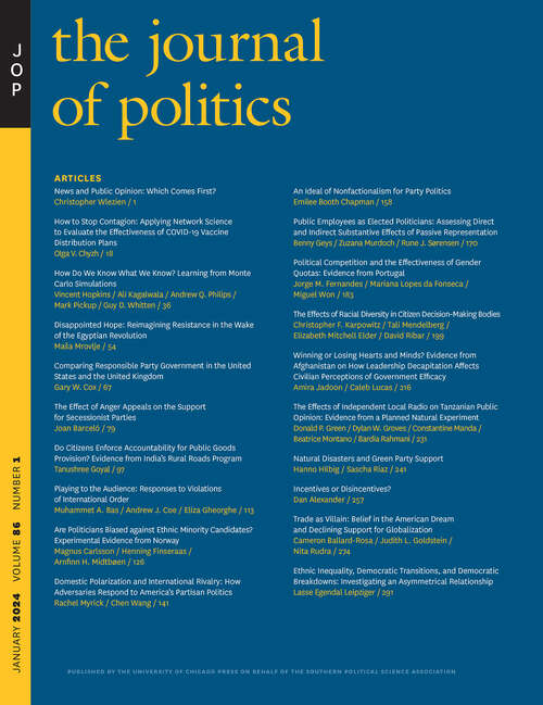 Book cover of The Journal of Politics, volume 86 number 1 (January 2024)