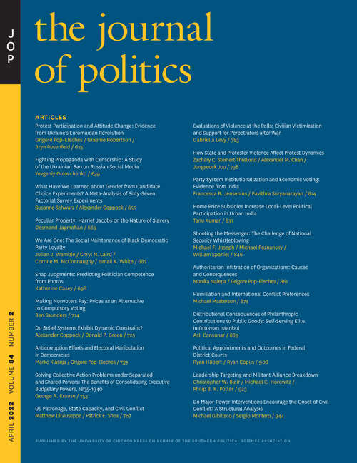 Book cover of The Journal of Politics, volume 84 number 2 (April 2022)