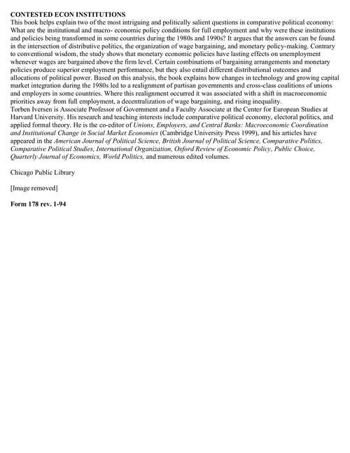 Book cover of Contested Economic Institutions: The Politics of Macroeconomics and Wage Bargaining in Advanced Democracies (Cambridge Studies in Comparative Politics)