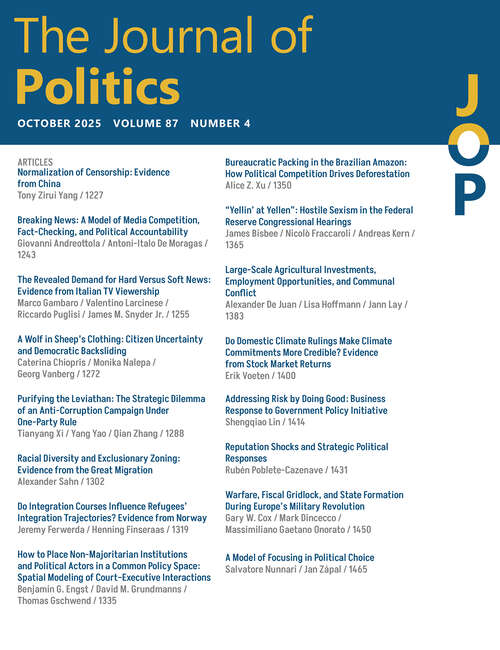 Book cover of The Journal of Politics, volume 87 number 4 (October 2025)