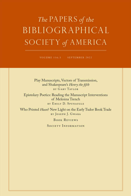 Book cover of The Papers of the Bibliographical Society of America, volume 116 number 3 (September 2022)