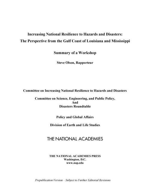 Book cover of Increasing National Resilience to Hazards and Disasters: The Perspective from the Gulf Coast of Louisiana and Mississippi: Summary of a Workshop