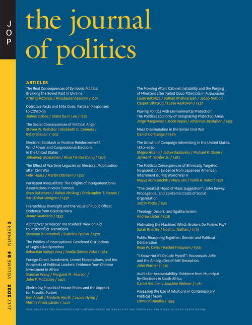 Book cover of The Journal of Politics, volume 84 number 3 (July 2022)