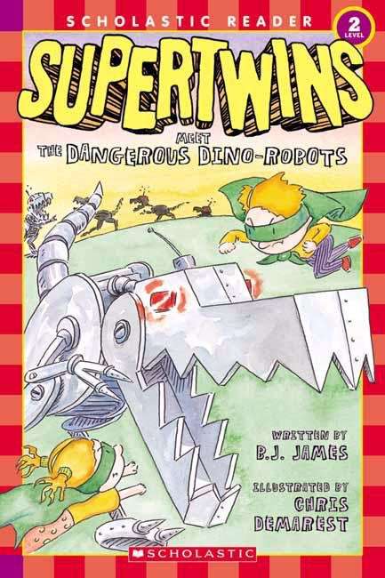 Book cover of Supertwins Meet the Dangerous Dino-Robots