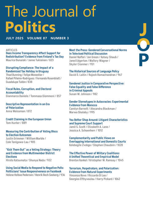 Book cover of The Journal of Politics, volume 87 number 3 (July 2025)