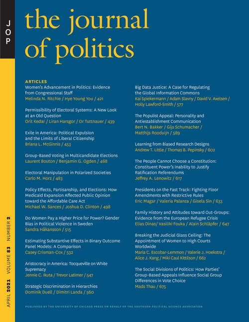 Book cover of The Journal of Politics, volume 83 number 2 (April 2021)