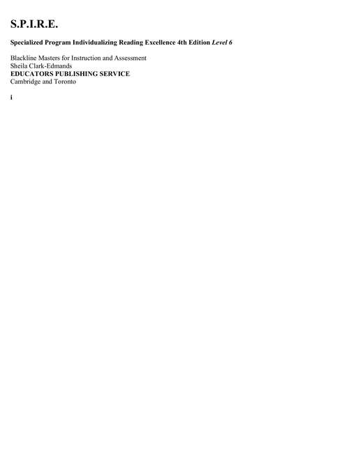 Book cover of S.P.I.R.E. Blackline Masters for Instruction and Assessment, Level 6 (4th ed.)