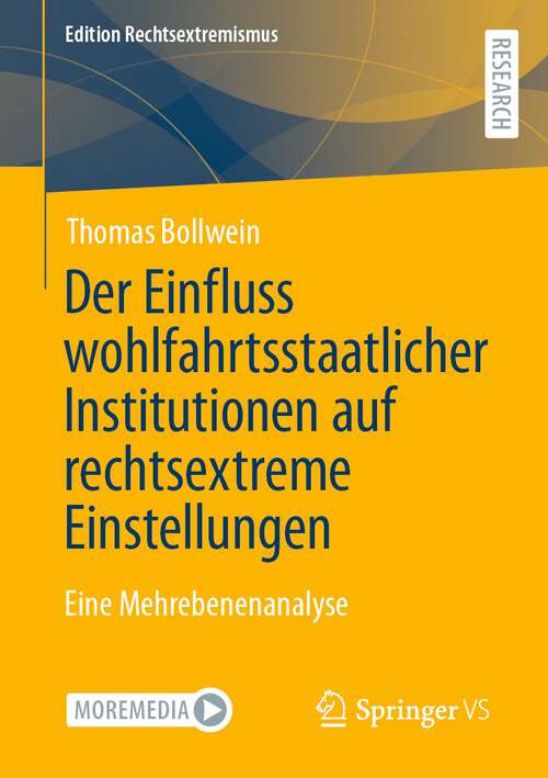 Book cover of Der Einfluss wohlfahrtsstaatlicher Institutionen auf rechtsextreme Einstellungen: Eine Mehrebenenanalyse (1. Aufl. 2022) (Edition Rechtsextremismus)