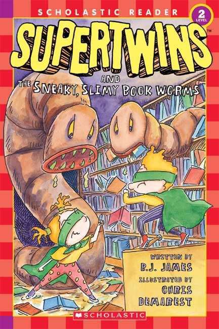 Book cover of Supertwins and the Sneaky, Slimy Book Worms