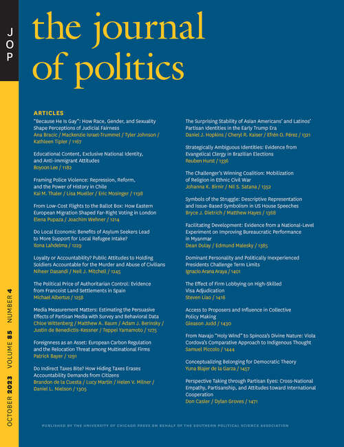 Book cover of The Journal of Politics, volume 85 number 4 (October 2023)