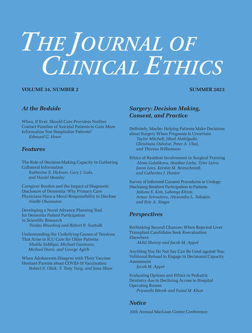 Book cover of The Journal of Clinical Ethics, volume 34 number 2 (Summer 2023)