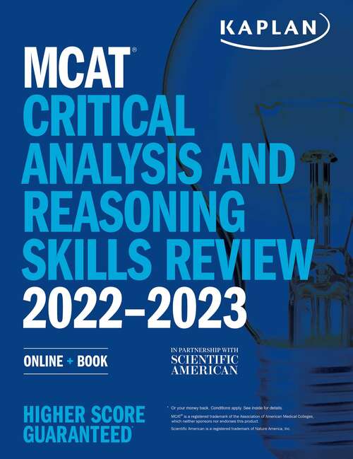 Book cover of MCAT Critical Analysis and Reasoning Skills Review 2022-2023: Online + Book (Kaplan Test Prep)
