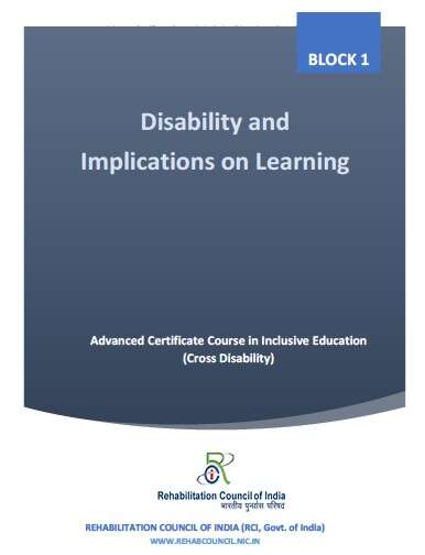 Book cover of Block 1 - Disability and Implications on Learning - RCI (Advanced Certificate in Inclusive Education (Cross Disability))