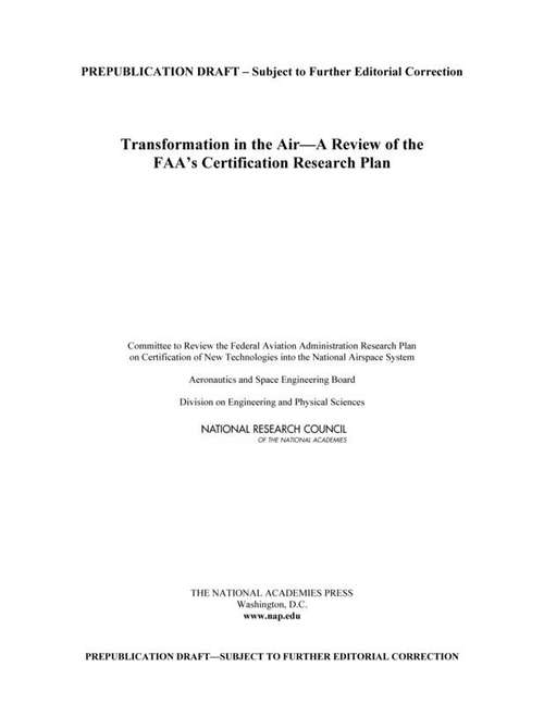 Book cover of Transformation in the Air: A Review of the FAA's Certification Research Plan