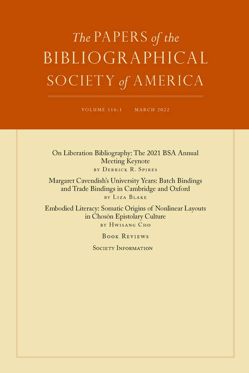 Book cover of The Papers of the Bibliographical Society of America, volume 116 number 1 (March 2022)