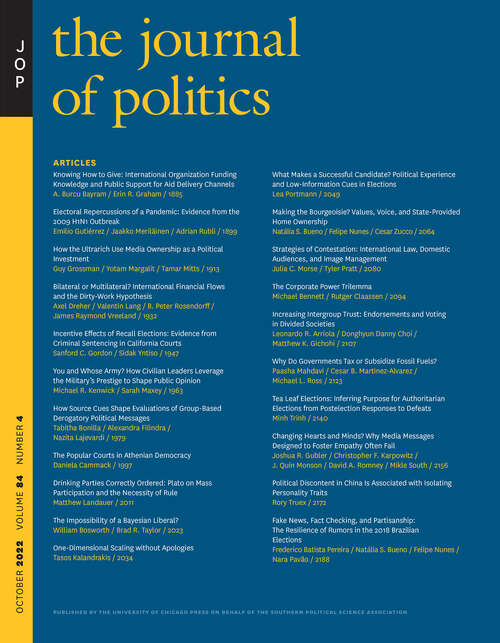 Book cover of The Journal of Politics, volume 84 number 4 (October 2022)
