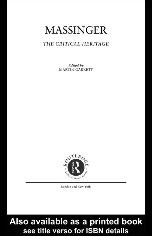 Book cover of Massinger: The Critical Heritage