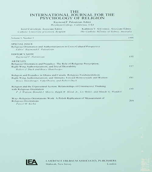 Religious Orientation and Authoritarianism in Cross-cultural Perspective: A Special Issue of the international Journal for the Psychology of Religion