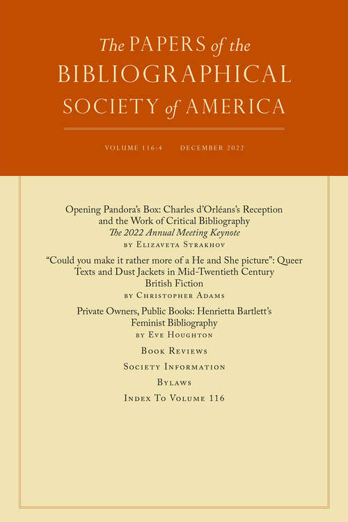Book cover of The Papers of the Bibliographical Society of America, volume 116 number 4 (December 2022)