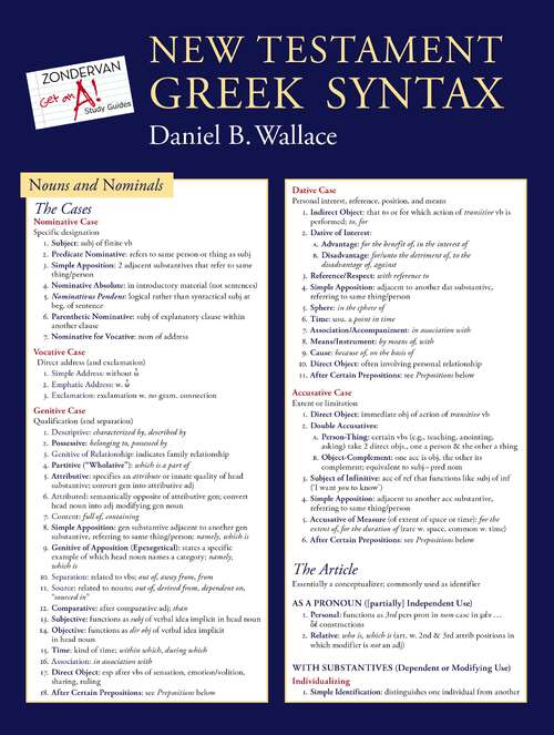 Book cover of New Testament Greek Syntax Laminated Sheet: Companion To Basics Of New Testament Syntax And Greek Grammar Beyond The Basics (Zondervan Get an A! Study Guides)