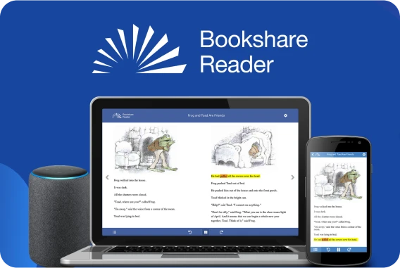 Bookshare Reader app on laptop, smartphone, and smart speaker