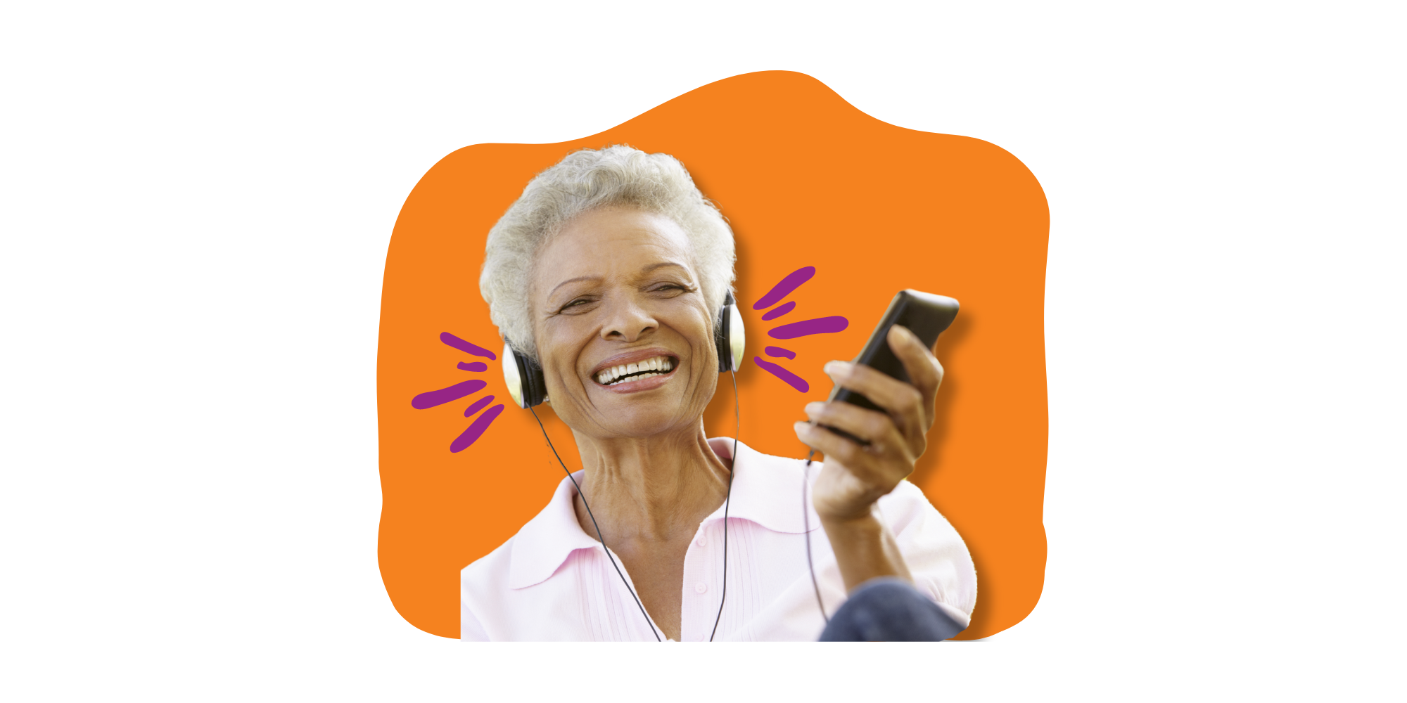 Smiling elderly African American woman smiles and holds a phone