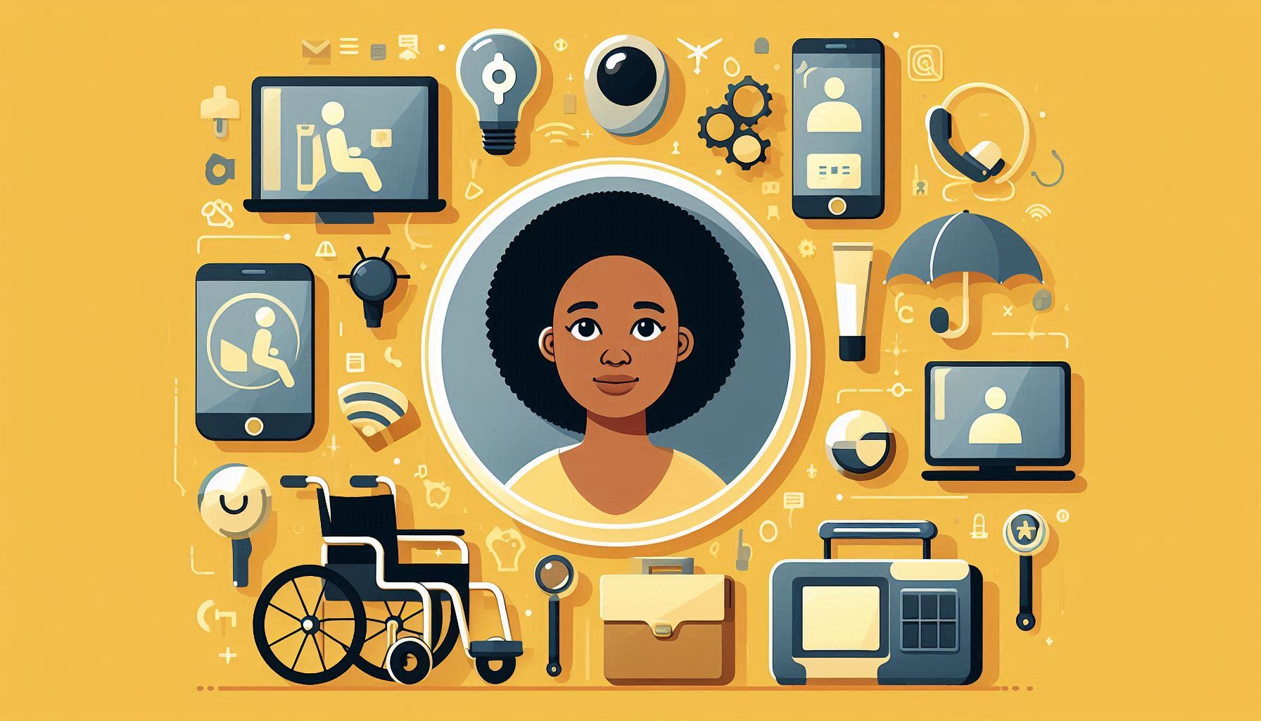 Illustration of a woman surrounded by a variety of technology devices and a wheelchair