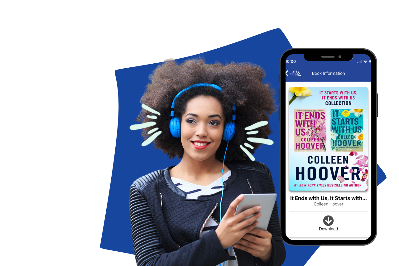 A young woman wearing headphones listening to an ebook on her tablet. Screenshot of a smartphone showing Bookshare ebook library titles. Book covers "It Ends With Us" and "It Starts With Us" by Colleen Hoover.