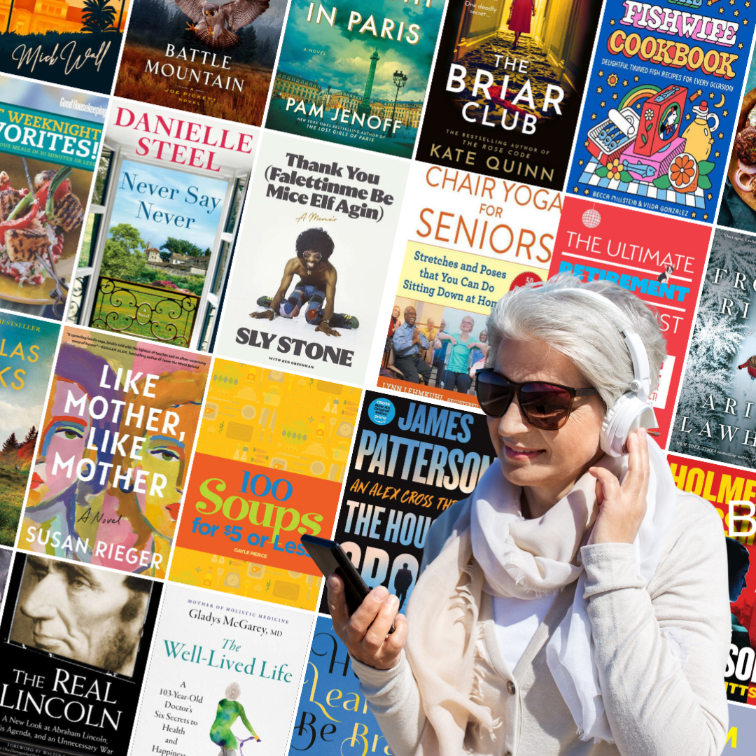 Senior with heaphones on a smartphone with collage of popular books behind her.