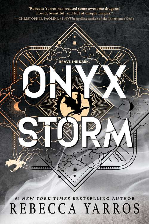 image: Book cover with clouds and dragons. text: onyx storm
