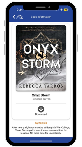 image: smartphone with the book cover onyx storm inside of the bookshare reader app.